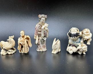 Lot of 5 Japanese Okimono Hand Carved Signed Figures
