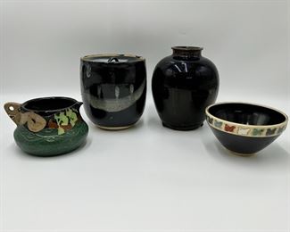 Lot of 4 Vintage Arts & Crafts Black Glazed Vases & Bowls