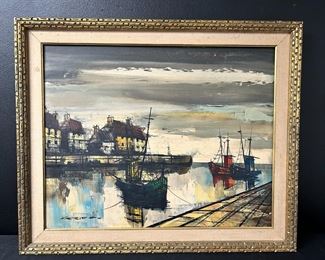 Oil on Canvas Seaport painting by M. Edward Griff