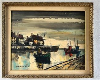 Oil on Canvas Seaport painting by M. Edward Griff