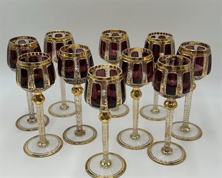 Lot of 10 Moser Amethyst Cabochon wine goblets.