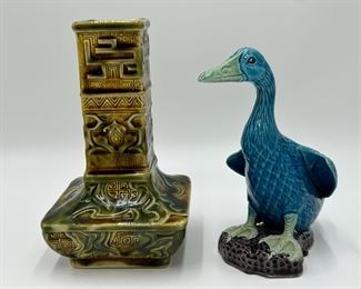 Choisy le Roi French Majolica Vase and Porcelain Chinese Duck Figurine