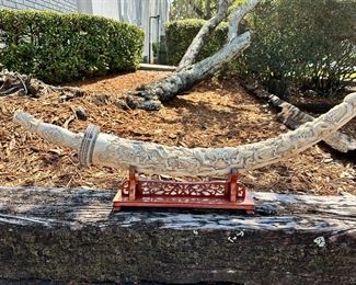 Chinese Hand Carved Sword and Figural Scabbard.