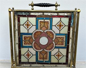Antique Arts & Crafts Stained Glass and Brass Fireplace Screen