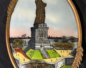 Early 1900's Reverse Painted Glass STATUE OF LIBERTY Oval Frame