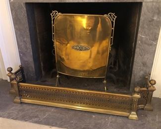 Brass fireplace fender (47”L, 12.5”D, 10”H) + brass fireplace screen (27”H, 20”W, 7”D)