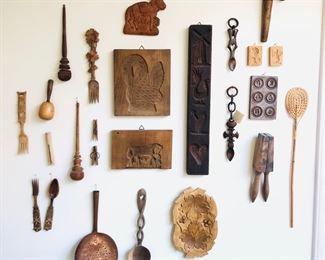 Carved wooden items (molds, utensils & more) + copper strainer spoon