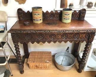 Jacobean style carved writing desk (or server), circa 1880s  (41”L, 16”D, 30”H)