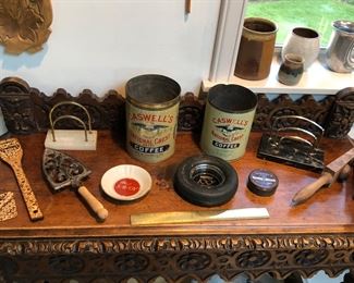 Old coffee cans, ashtrays, brass ruler & more 