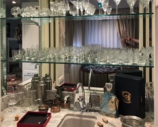 Stemware & crystal including Waterford & glasses from the Rainier Club, Bob Hope 1973 Jim Beam bottle with box