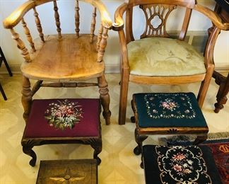 Antique captains chairs, needlepoint & carved footstools 