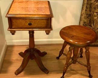 Vintage stand with birdseye maple veneer (15” square, 29” high) + antique piano stool with cast iron feet (height is adjustable)