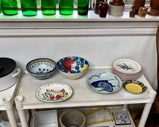 Colorful bowls, white square Bennington planter, crock, tiles & more