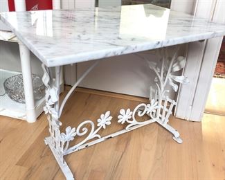 Marble top table with painted metal base (18” x 26.5” x 21”H) Perfect for plants!