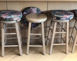 Wood stools - 12.5” diameter at top, 24” tall + 2” more with removable cushion in place (they tie on) 