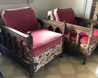 Pair of wood frame lounge chairs - wood is sun bleached & cushions need recovering