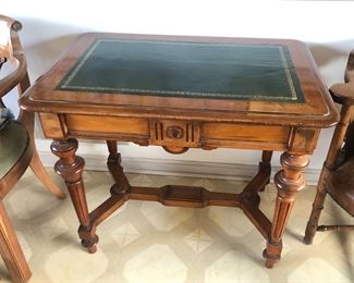 Eastlake walnut library table with center drawer & green leather top - circa 1880s (33”L, 22”D, 28”H)