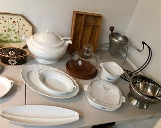 Tureen, cheese dome, Blue Star casseroles, canning sieve