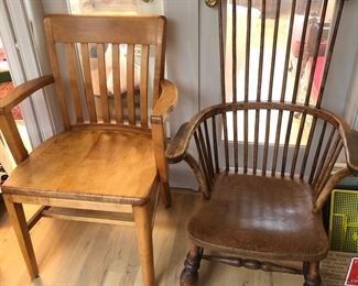 Mid 20th century blonde chair by Marble Chair Co., antique English comb back Windsor chair, elm & fruitwood - circa 1770 (!)