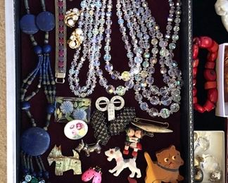 Crystal necklaces, lapis necklace, Weiss mesh & rhinestone bracelet, Scottie dog pins & more
