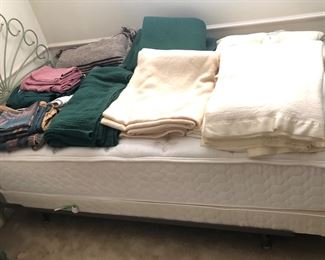 Sealy Posturepedic TWIN mattress & box spring (one of 2 for sale) + wool & acrylic twin blankets, a few sheets
