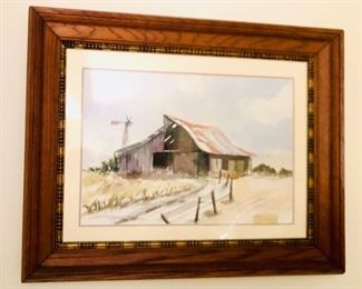 Watercolor of barn in old oak frame (framed size 24” x 30”)