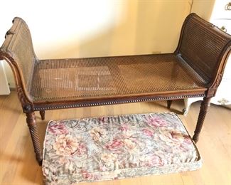 Antique bench with hand caned seat & sides (43”L, 18”D, 28”H) - comes with floral cushion