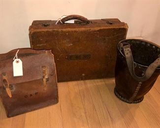 Antique leather suitcase & bag, antique leather fire bucket