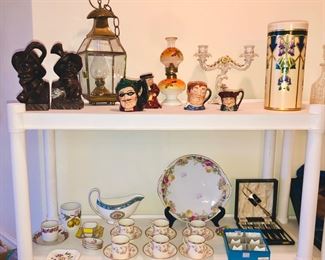 Black Forest carved book ends, Turkish brass lantern, Toby jugs, Art Nouveau hand painted vase, cups & saucers, Wedgwood Runnymede gravy boat