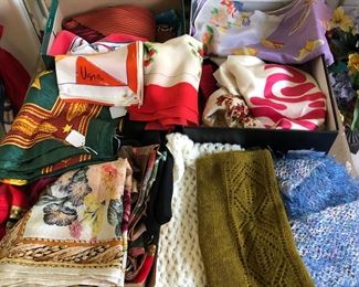 Lots of scarves - vintage & newer, many silk - makers include Vera, Liberty, Bill Blass & more