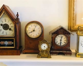 Antique clocks by Junghans & Waterbury, 19th century French brass carriage clock (6" tall)