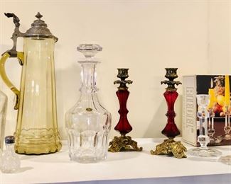 Decanters by Val St. Lambert & more, antique German green glass pitcher, brass & cranberry candlesticks, Riedel glass candle sticks