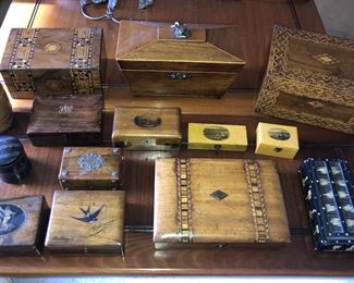 SO MANY boxes! Includes Victorian Tunbridge Ware inlaid boxes, Regency tea caddy c. 1810, Mauchline Ware & more 