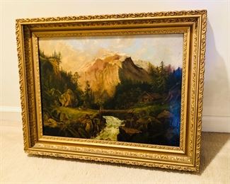 Alpine scene oil painting on canvas - has been cleaned & relined. No visible signature or date (frame 22” x 28.5”)