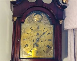 Outstanding antique grandfather clock by noted Scottish maker Charles Lunan (1760-1816) Mahogany case, brass fitting with brass orbs, with second hand & date hand - 88" tall overall