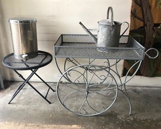 Metal patio cart (35”L, 18”D, 28.5”H), watering can, chrome BeautyWare trash can 