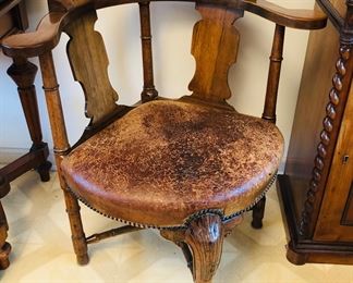 Georgian corner chair - mahogany with leather seat, circa 1745 (29”W, 25”D, 29”H)