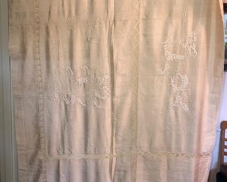HUGE antique silk tablecloth with tatting & embroidered dragons (only a portion is shown in photo)