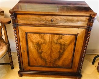 Finely carved French mahogany side cabinet with drawer, circa 1850 (29”L, 14.5”D, 33”H)