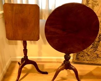 Mahogany tilt top candle stand, circa 1820 (Top 14.5” x 16”, with top down 27” tall); round Georgian tilt top table, circa 1760 - Santo Domingo mahogany, all original, base repaired (22” diameter, 26” tall with top down)
