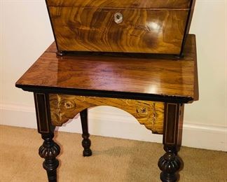 Antique tea caddy - sitting on small Italian rosewood side table with inlay, circa 1890s (table 12” x 13” x 15” high)