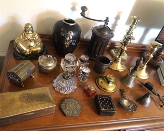 Brass Buddha & Indian box w/ peacock, Japanese metal box & vase, antique coffee grinder, inkwells, brass candlesticks & more