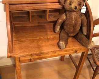 Interior of child’s desk - with vintage 18" mohair teddy bear 