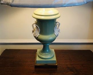 Pale green swan table lamp with brand new silk shade (27” tall overall)