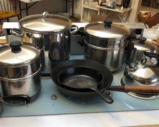 Pots & pans including cast iron & Le Creuset skillets, Revere Ware