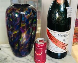 Purple art glass vase by Dehanna Jones (2019), EMPTY Mumm jeroboam (3 liter) champagne bottle - created in 1986 for 100th anniversary of Statue of Liberty with limited run of 1886 bottles