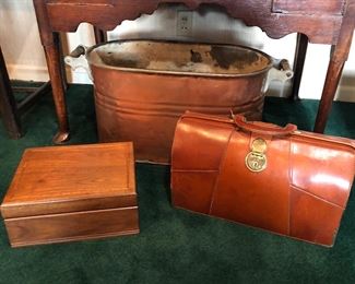 Humidor box, copper boiler, leather briefcase