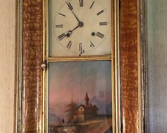 Antique Ogee 30 hour clock with hand painted scene & cool wood grain - NO weights but it ticks & chimes (16”W, 26”H, 5”D)