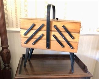 Wood “accordion” fold-out sewing box - sitting on Drexel nightstand (one of a matching pair) 