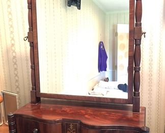 Antique flame mahogany dresser top mirror (shaving stand) with 2 drawers & brass inlay - 22”W, 8”D, 28”H